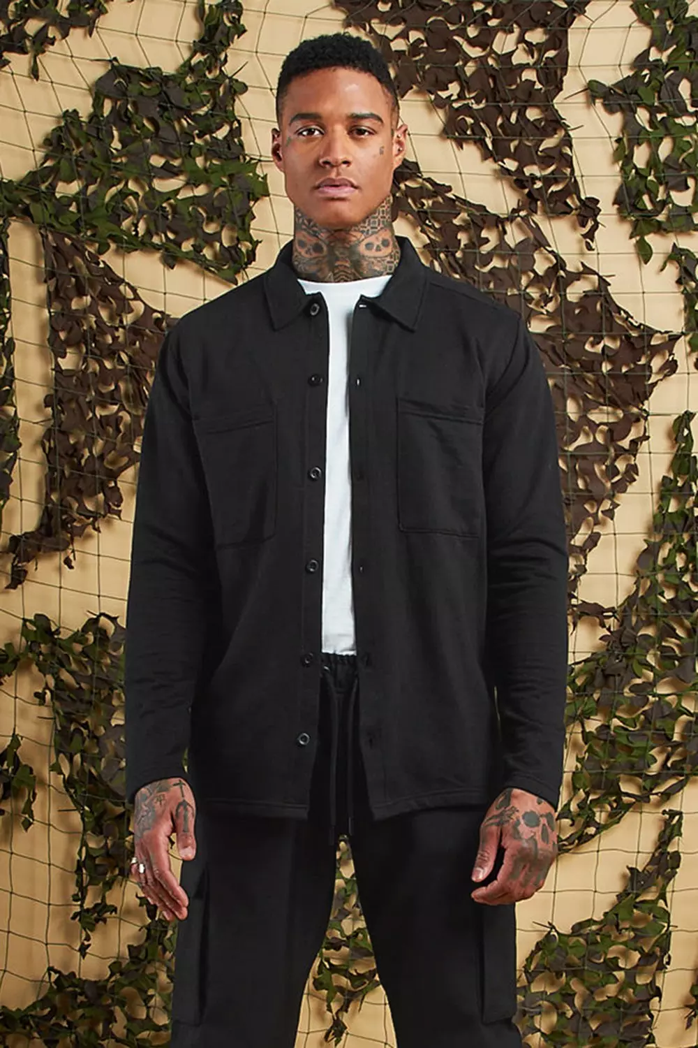 Jersey Utility Button Through Shacket boohooMAN