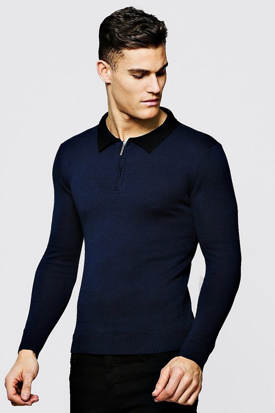 Long Sleeved Zip Polo With Ribbed Collar - boohooMAN