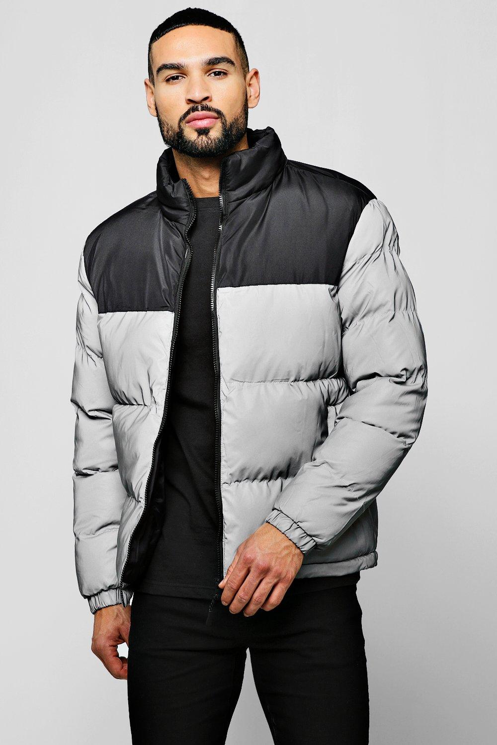 Reflective Puffer Jacket With Contrast Panel | boohooMAN USA