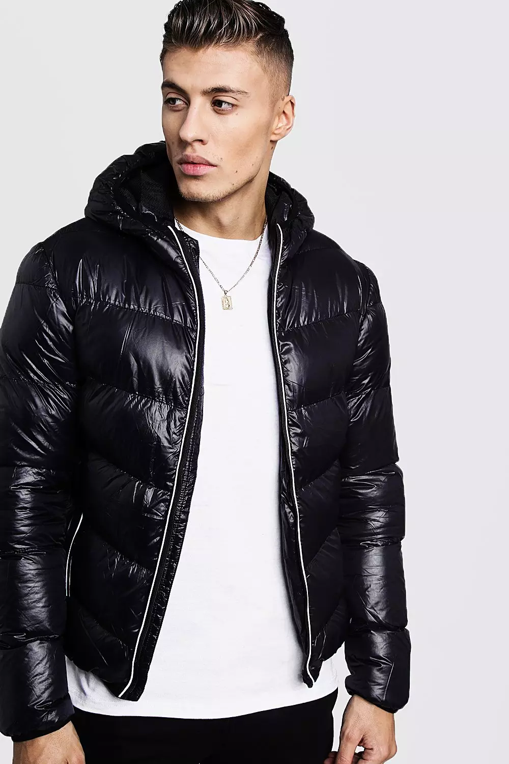 Hooded Puffer Jacket With Reflective Piping boohooMAN