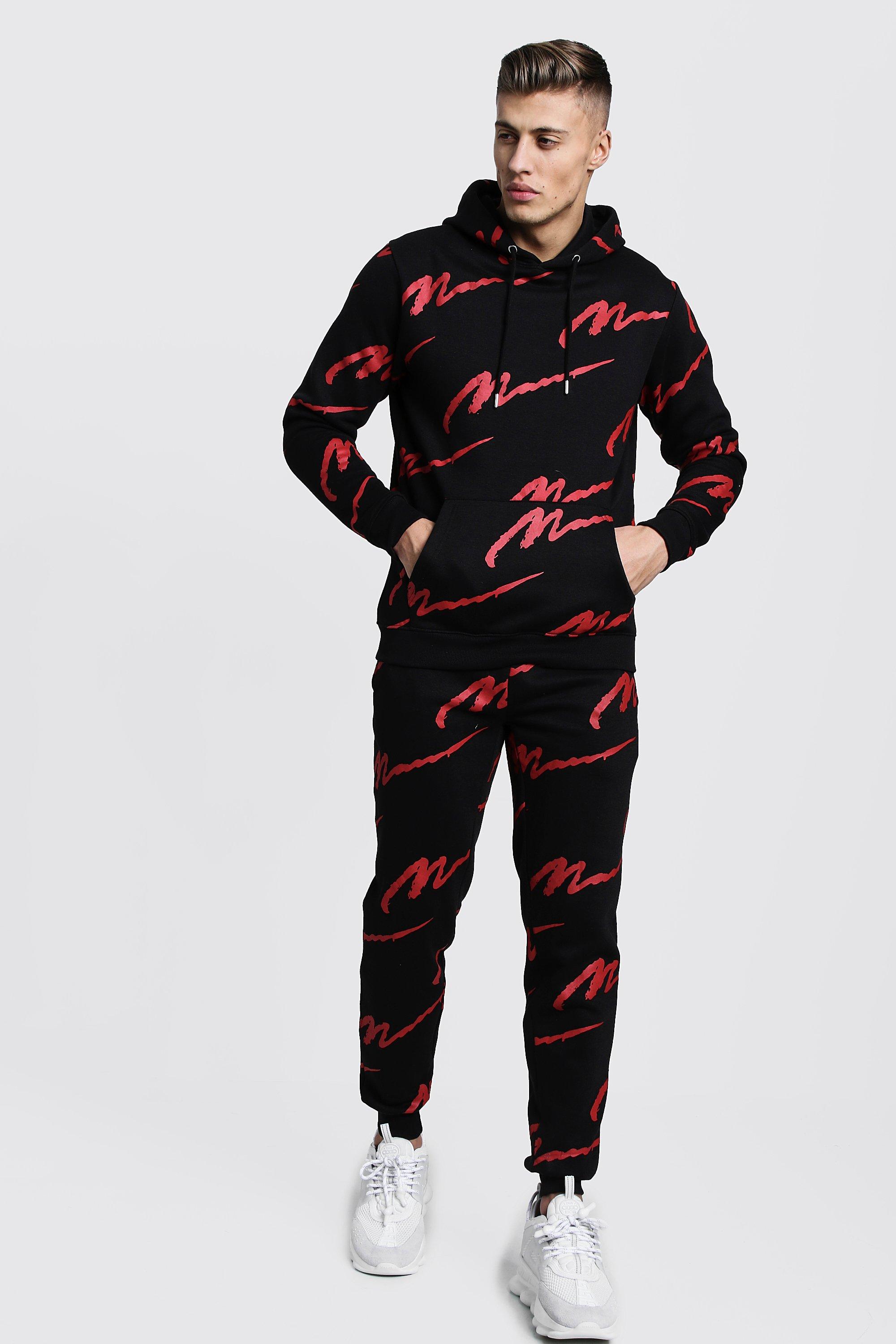 All Over Red MAN Print Hooded Tracksuit - boohooMAN