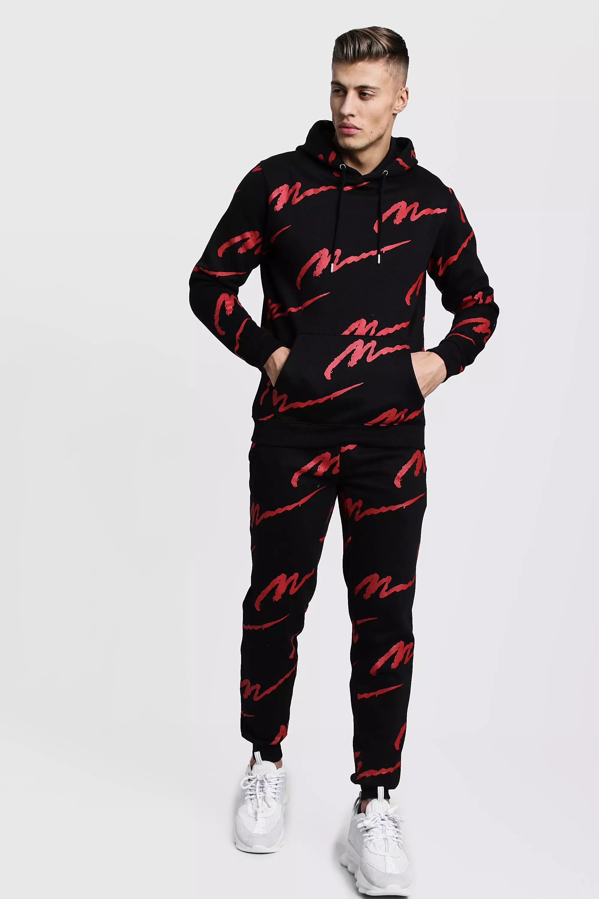 Black All Over Red MAN Print Hooded Tracksuit alternative image