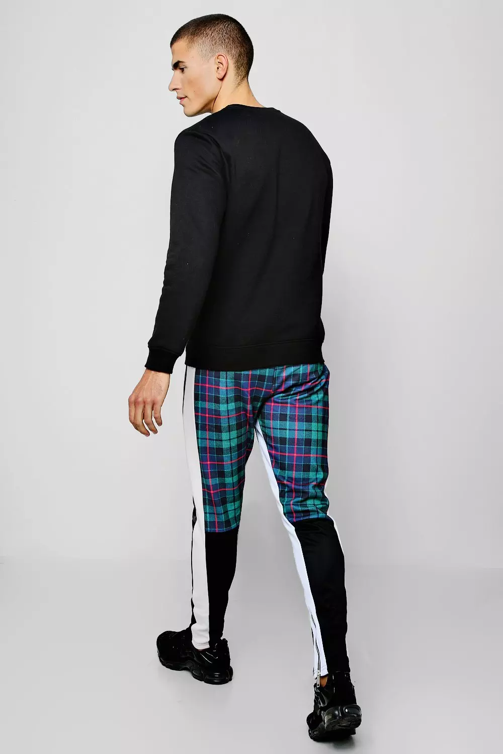 Tricot Tartan Half Colour Block Skinny Joggers boohooMAN UK