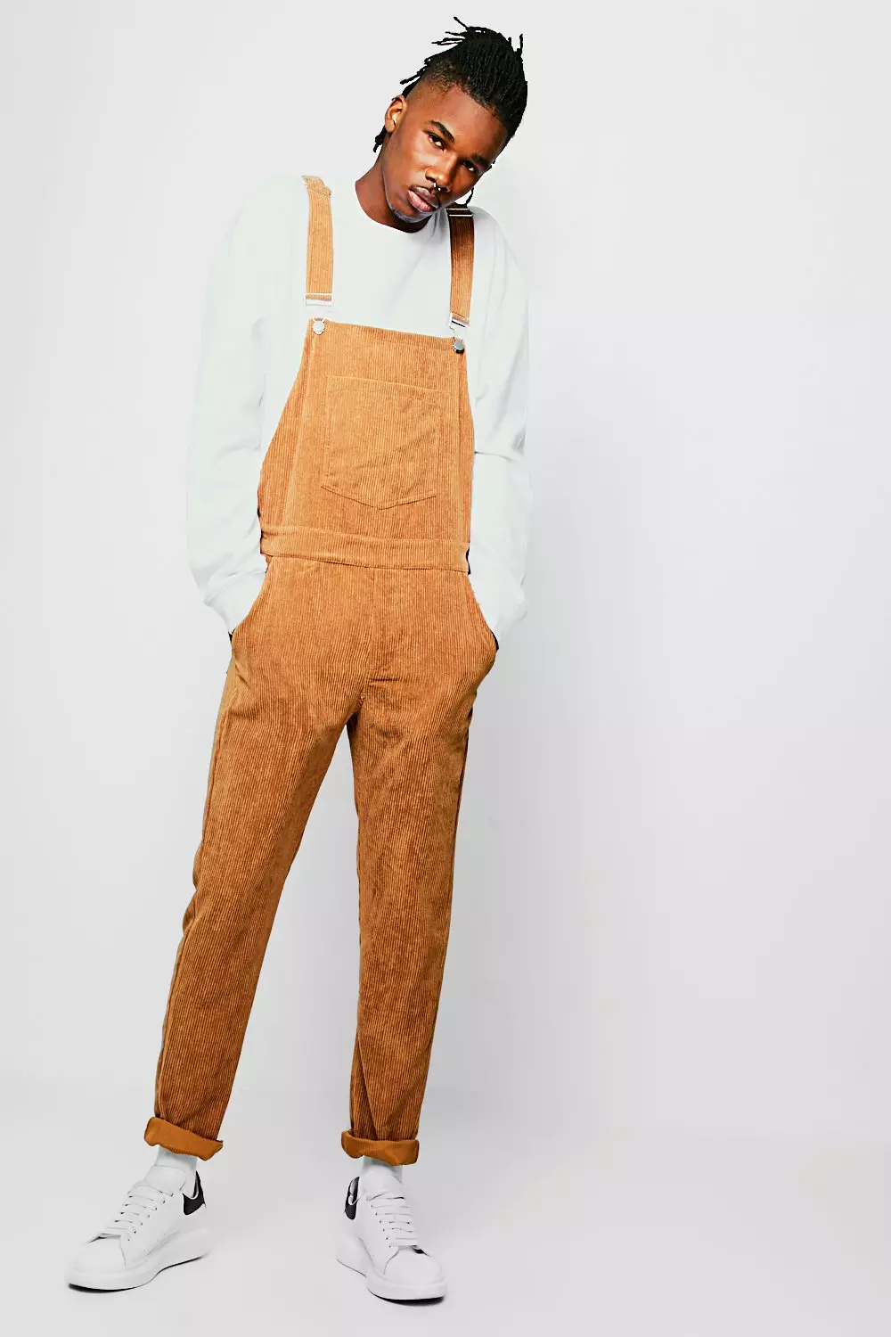 Slim Fit Cord Dungarees boohooMAN UK