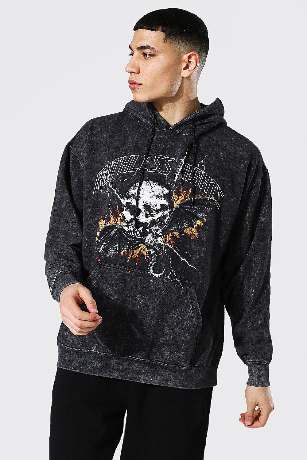 Oversized Ruthless Nights Acid Wash Hoodie | boohooMAN USA