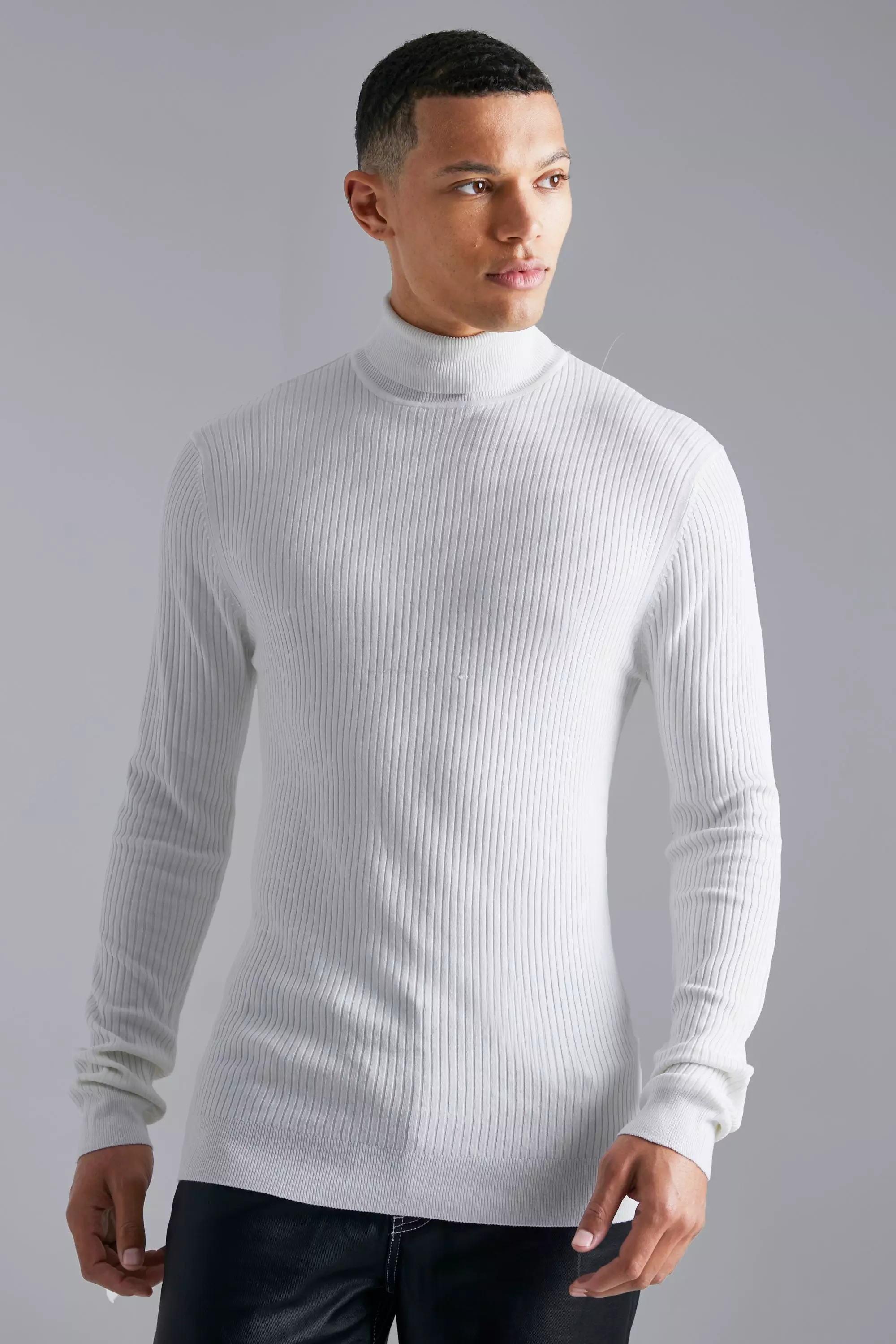White Tall Muscle Roll Neck Ribbed Jumper alternative image