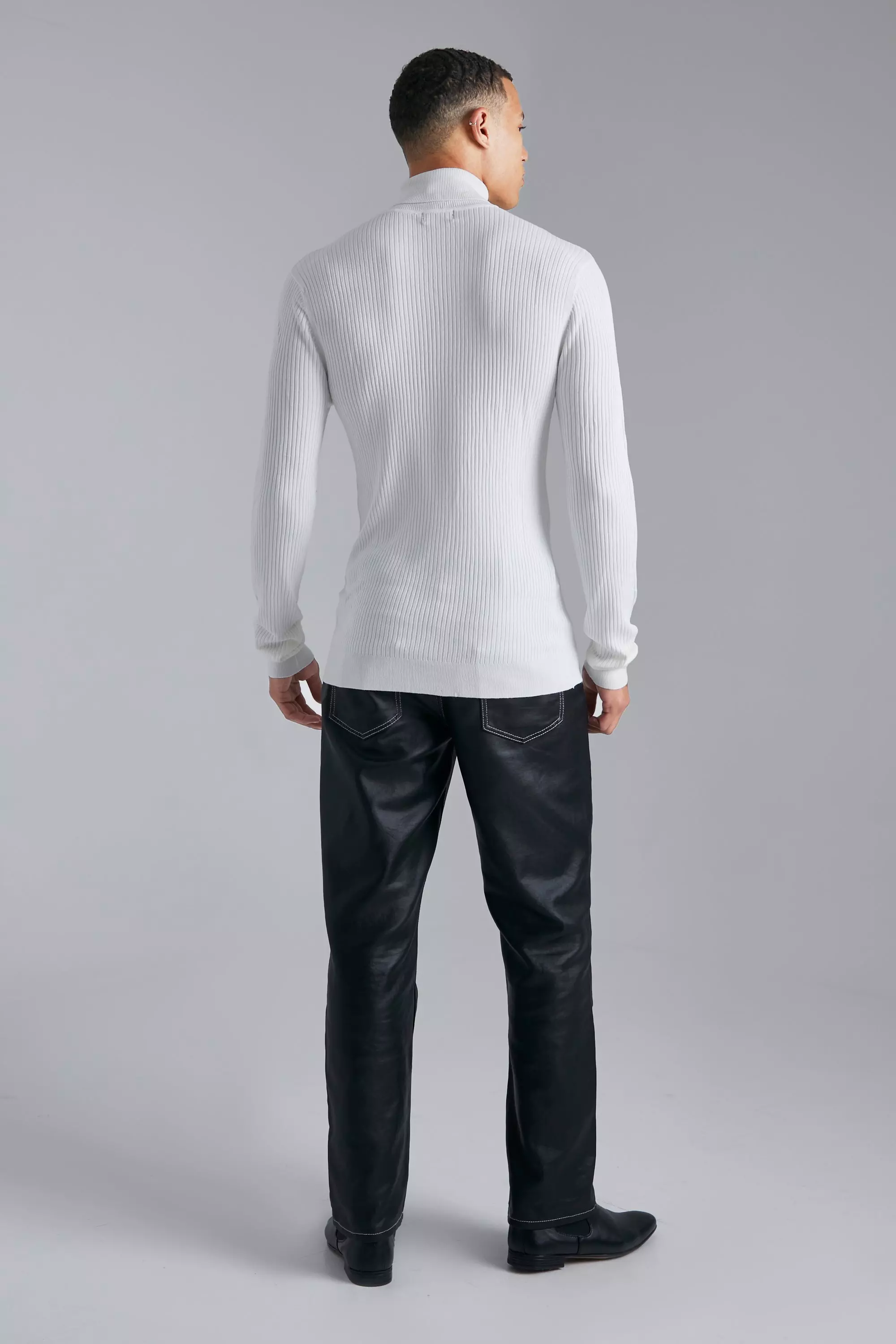 White Tall Muscle Roll Neck Ribbed Jumper alternative image