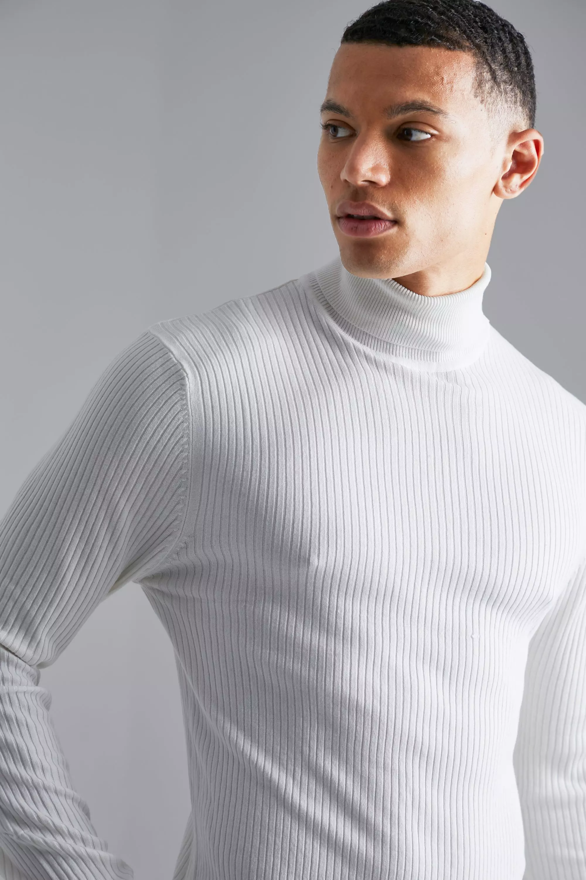 White Tall Muscle Roll Neck Ribbed Jumper alternative image
