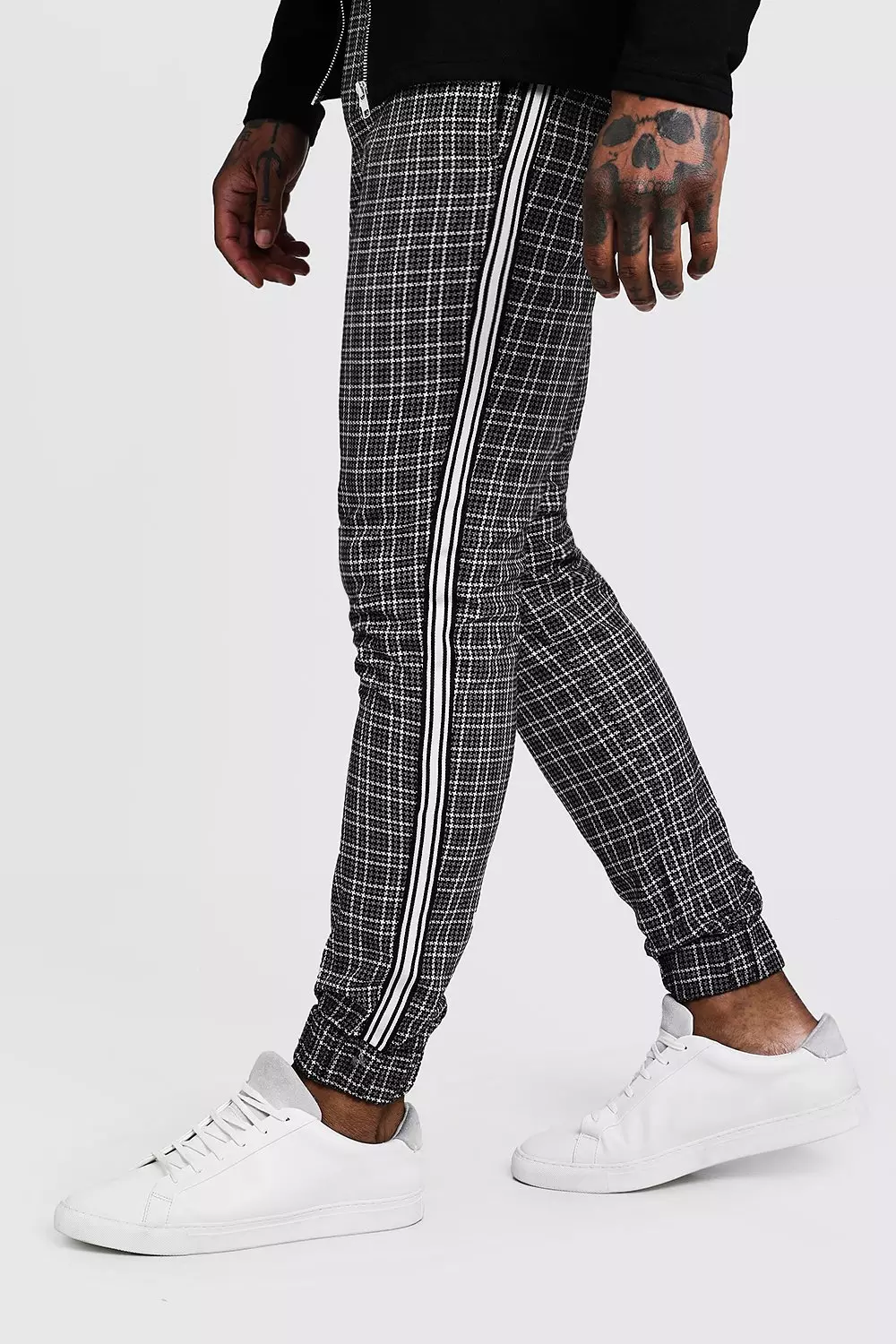 Check Smart Cuffed Jogger Pants With Tape boohooMAN USA