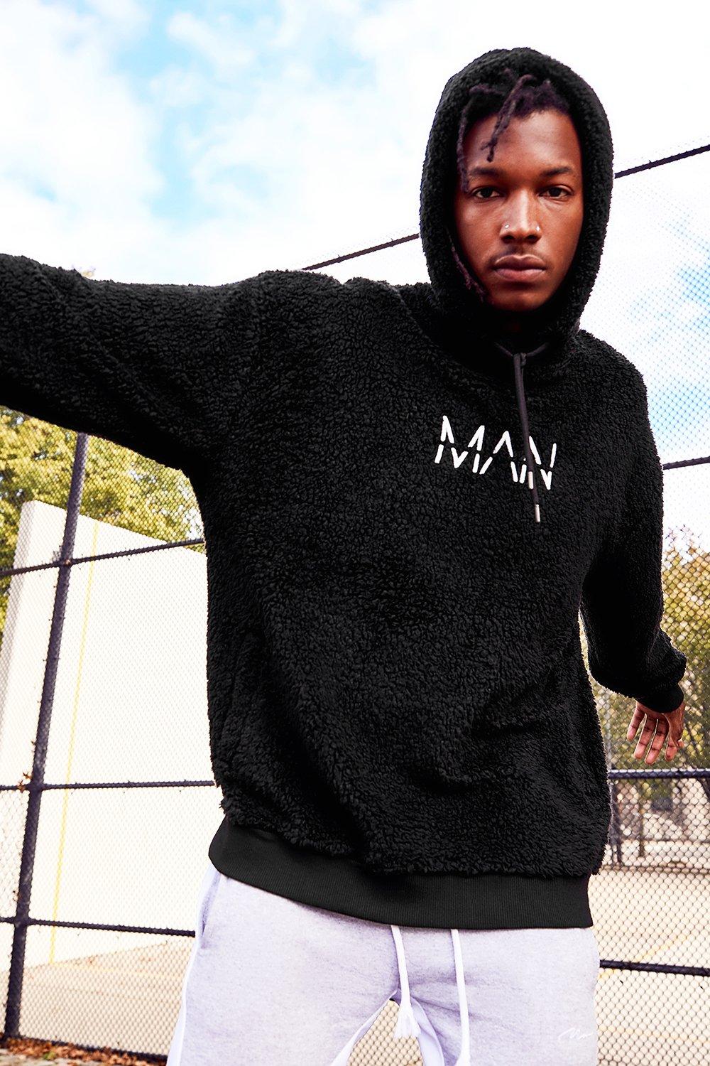 boohooman hoodie with man embroidery in black