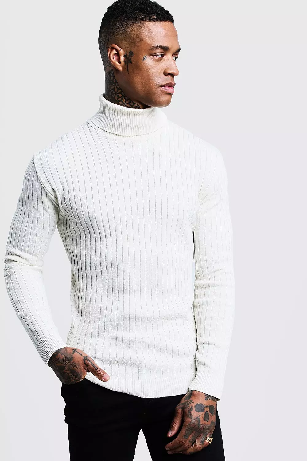 Muscle Fit Ribbed Long Sleeve Roll Neck Jumper boohooMAN UK