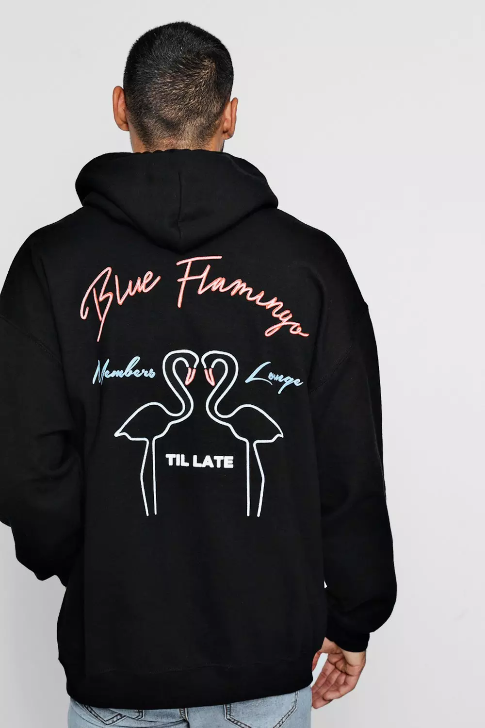 Oversized-Hoodie mit blauem Flamingo auf dem Rücken alternatives Bild