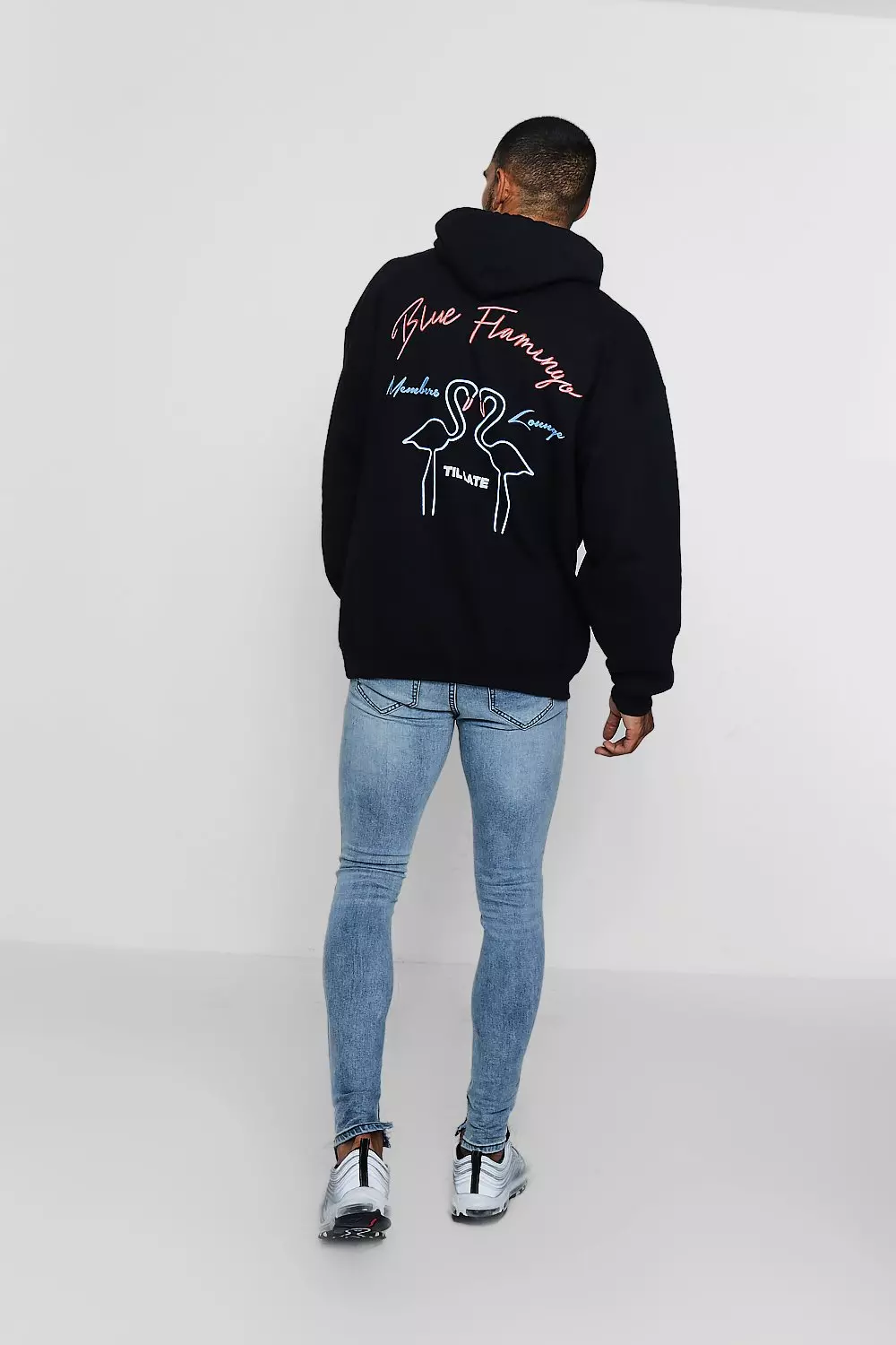 Oversized-Hoodie mit blauem Flamingo auf dem Rücken alternatives Bild
