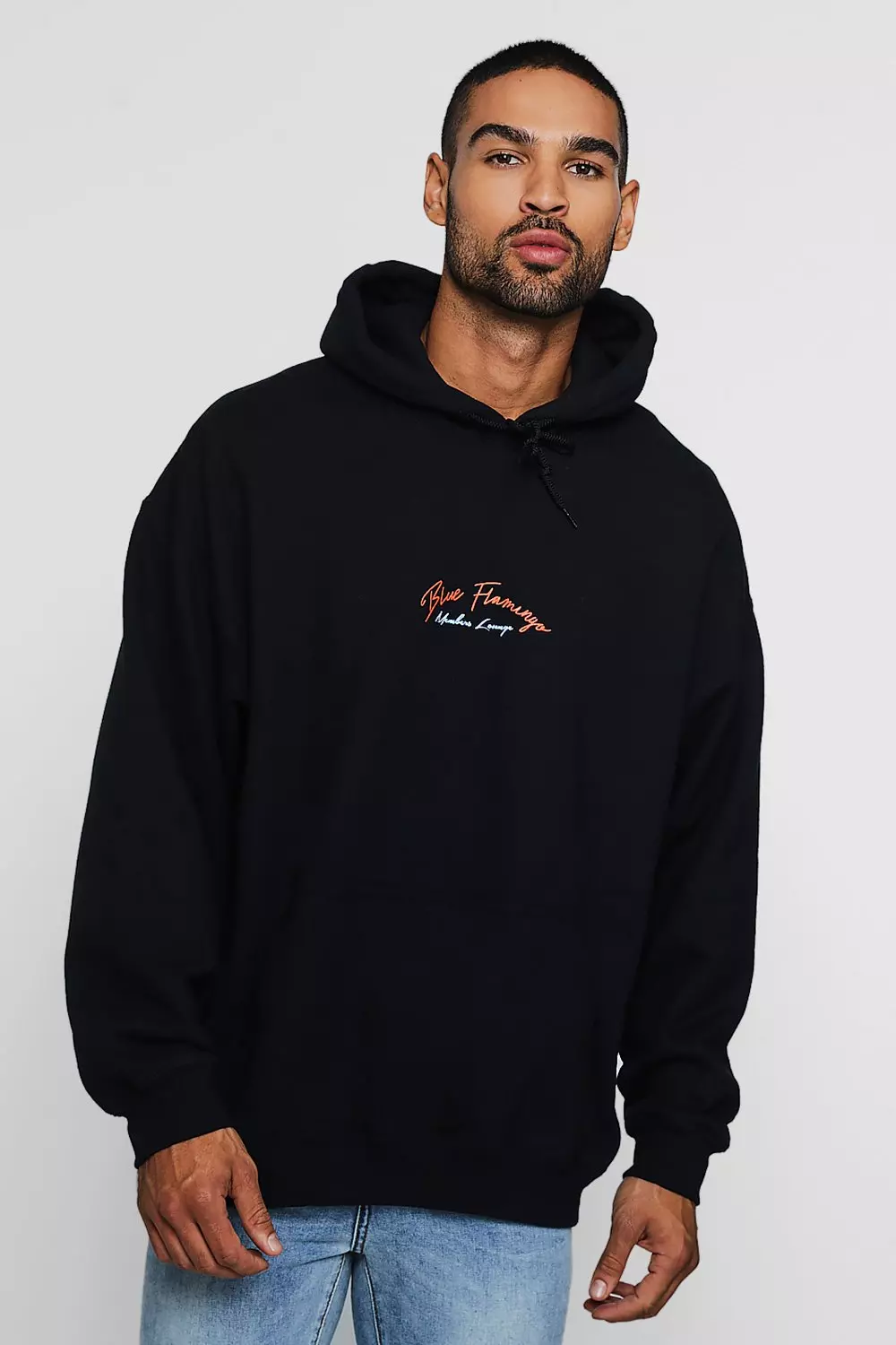 Oversized-Hoodie mit blauem Flamingo auf dem Rücken alternatives Bild