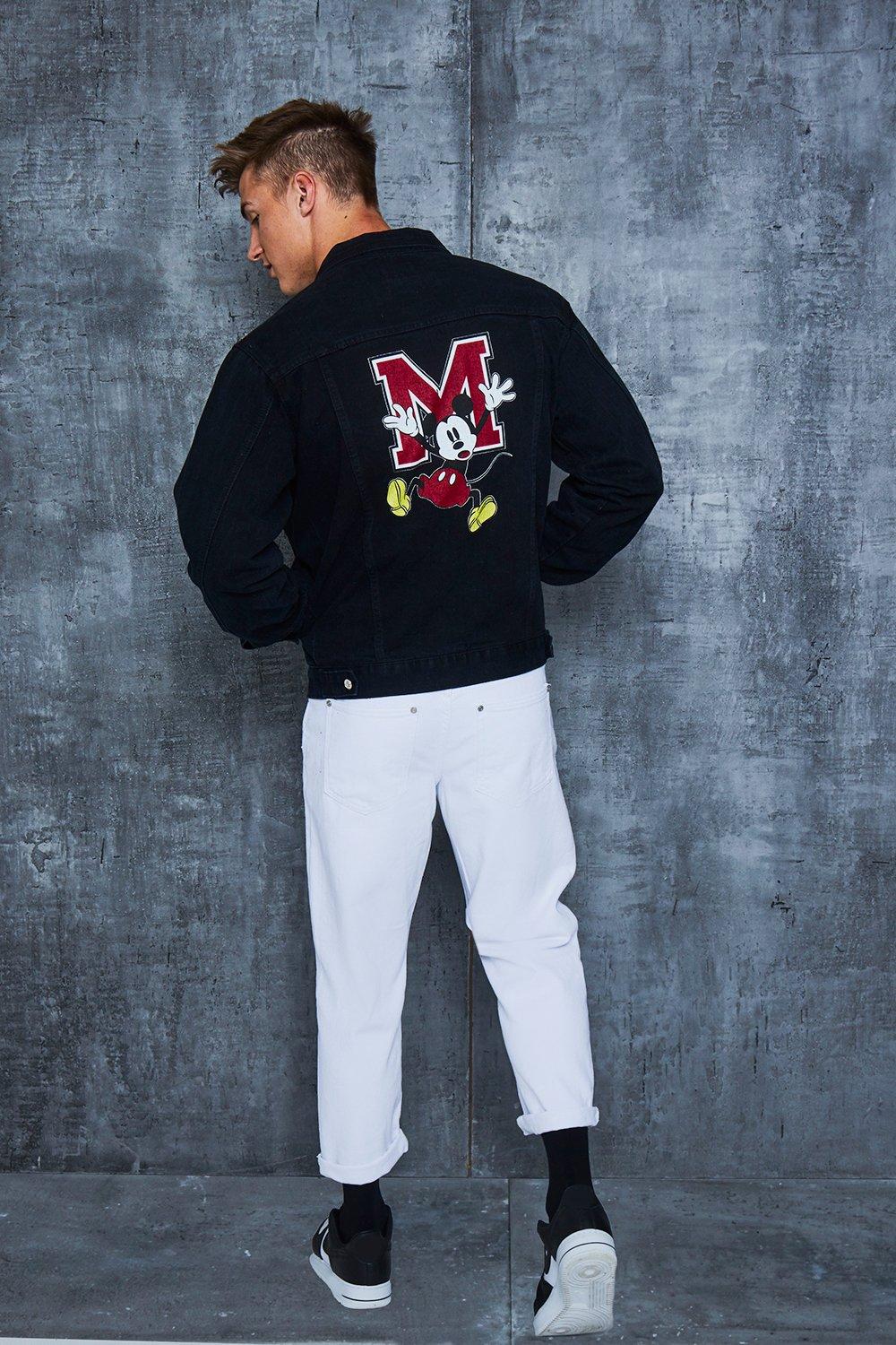 Disney Black Denim Jacket With Mickey Back Print | boohooMAN USA