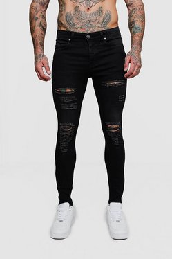 escalate slice bouquet Super Skinny Jeans with All Over Rips | boohooMAN USA