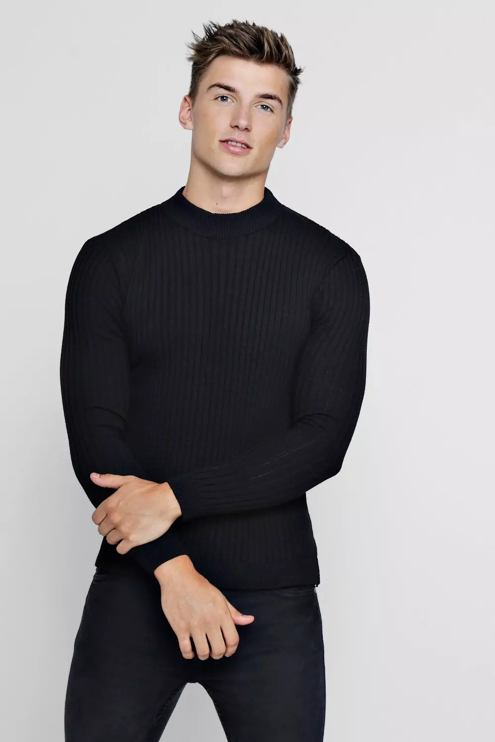 Muscle Fit Ribbed Turtle Neck Jumper boohooMAN UK