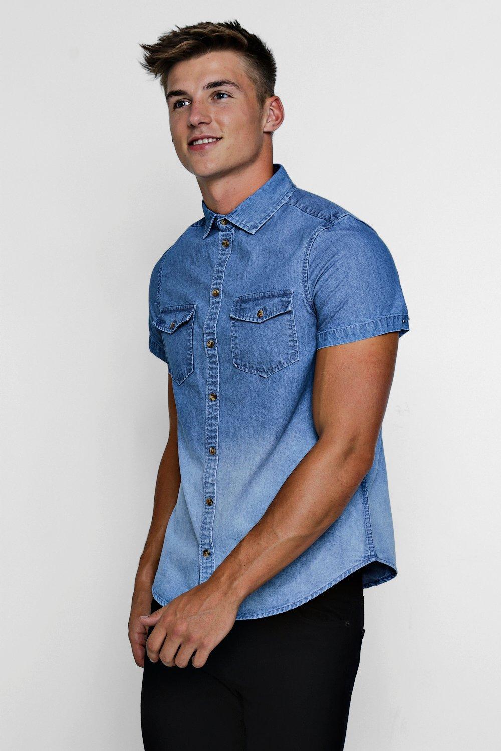 blue denim short sleeve shirt