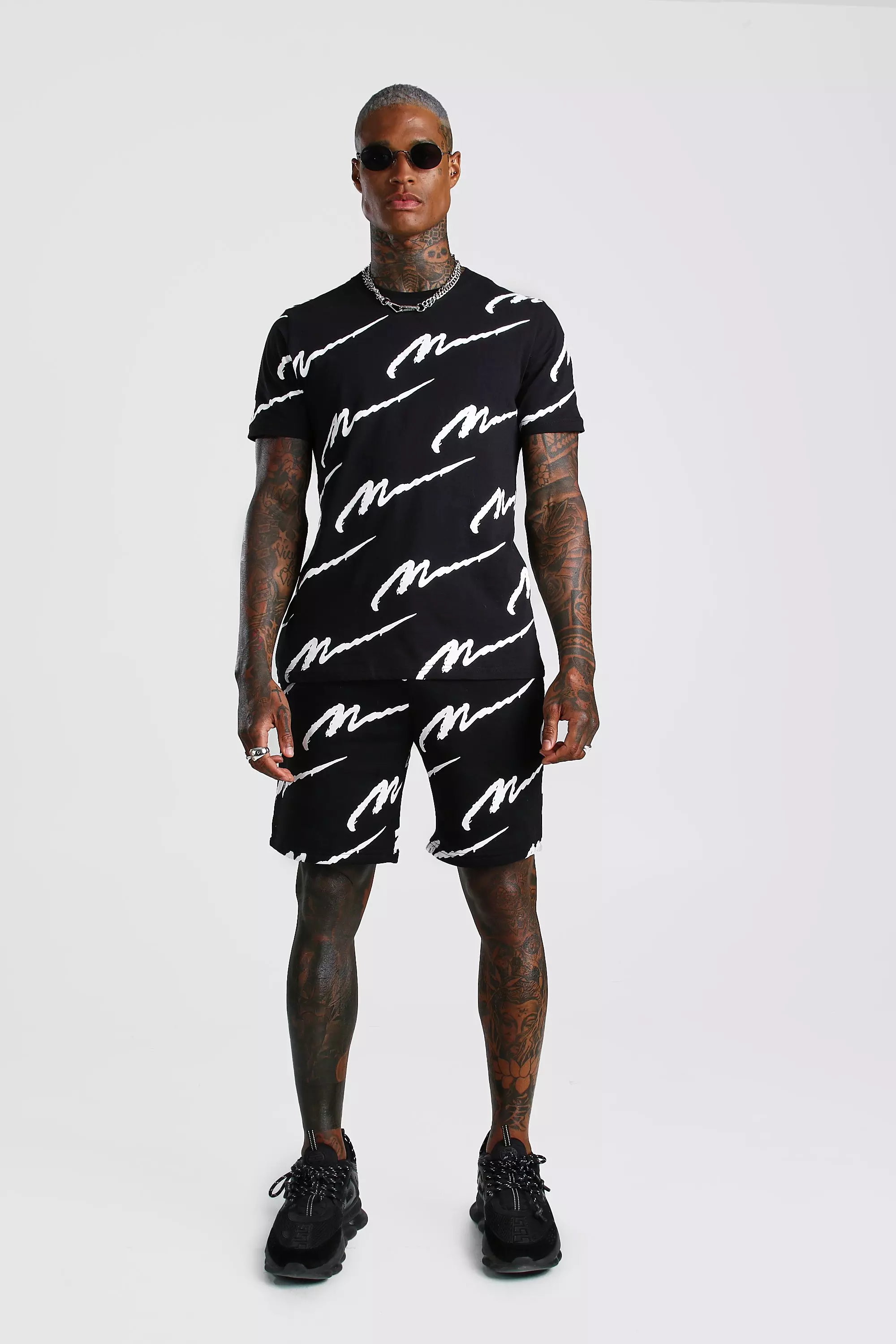 MAN All Over Print T Shirt Short Set boohooMAN USA