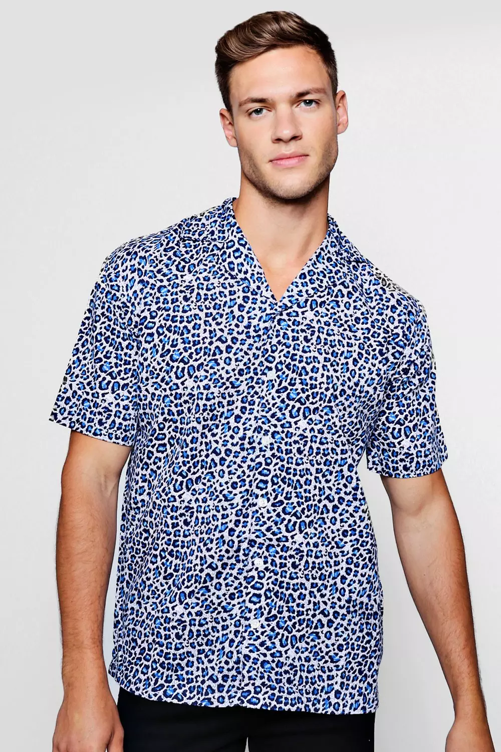 Blue Leopard Print Short Sleeve Revere Shirt boohooMAN UK