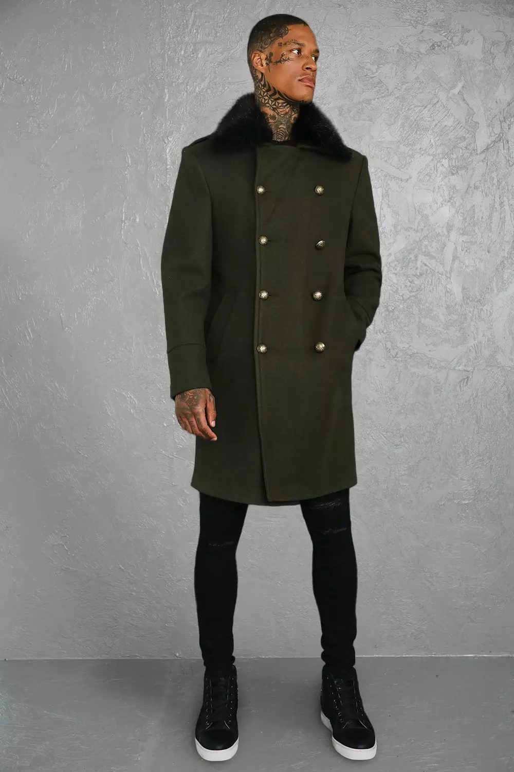 Faux Fur Collar Military Style Overcoat boohooMAN