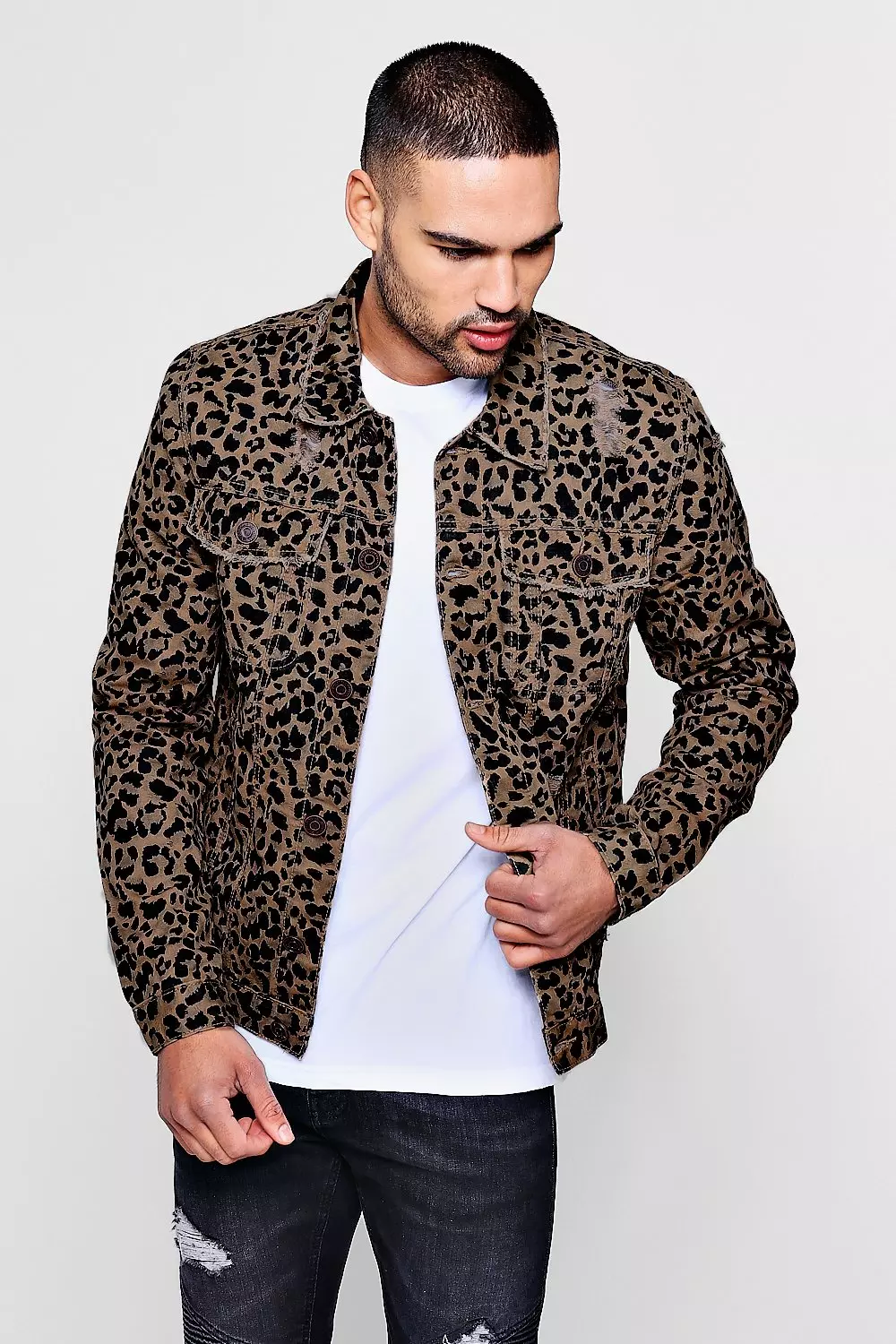 Skinny Fit Leopard Print Denim Jacket boohooMAN