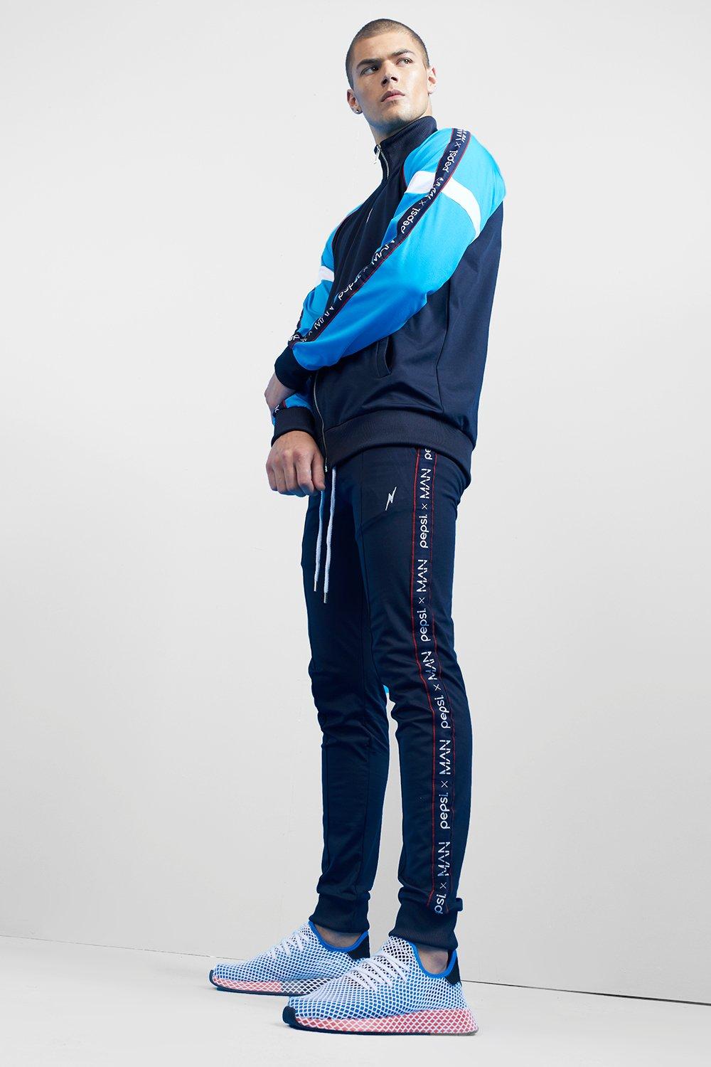 black and blue track pants