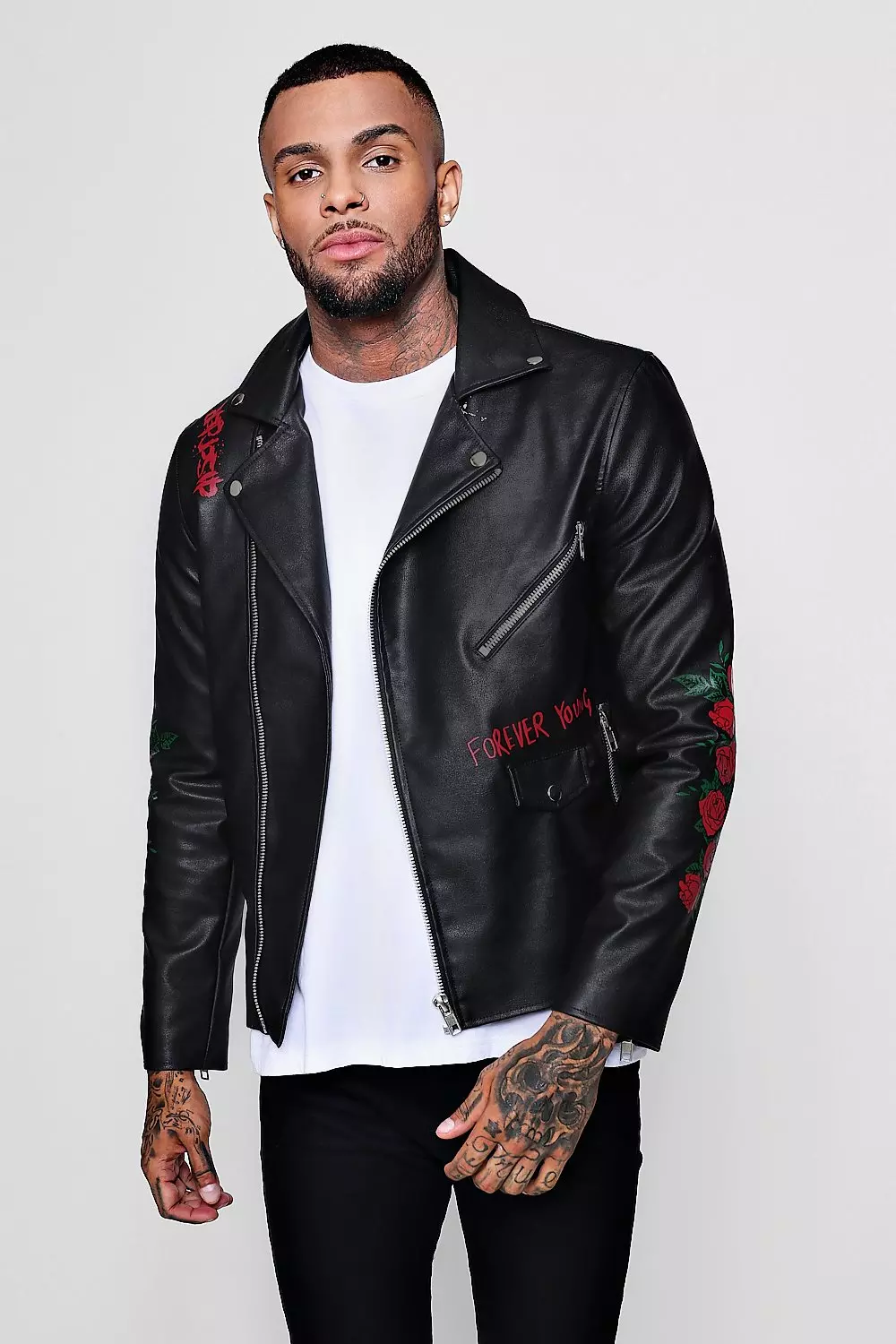 Graffiti Printed Biker Jacket boohooMAN UK