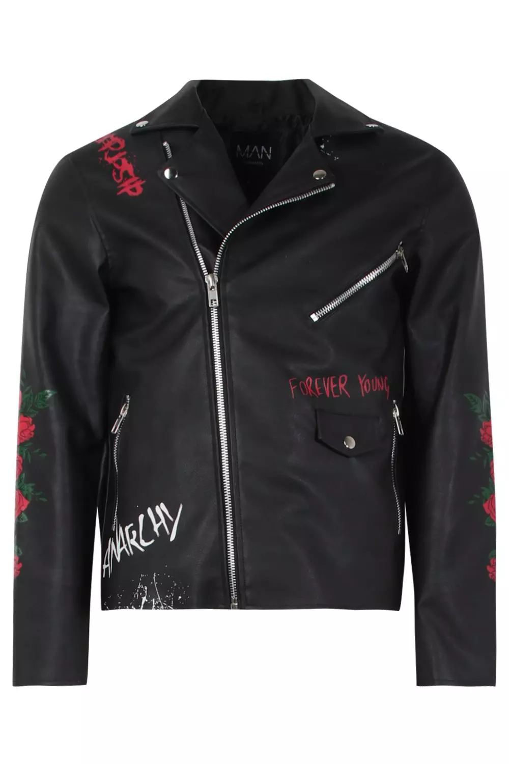 Buy boohooMAN Faux Leather Black Jacket with Graffiti Print Design Size Small