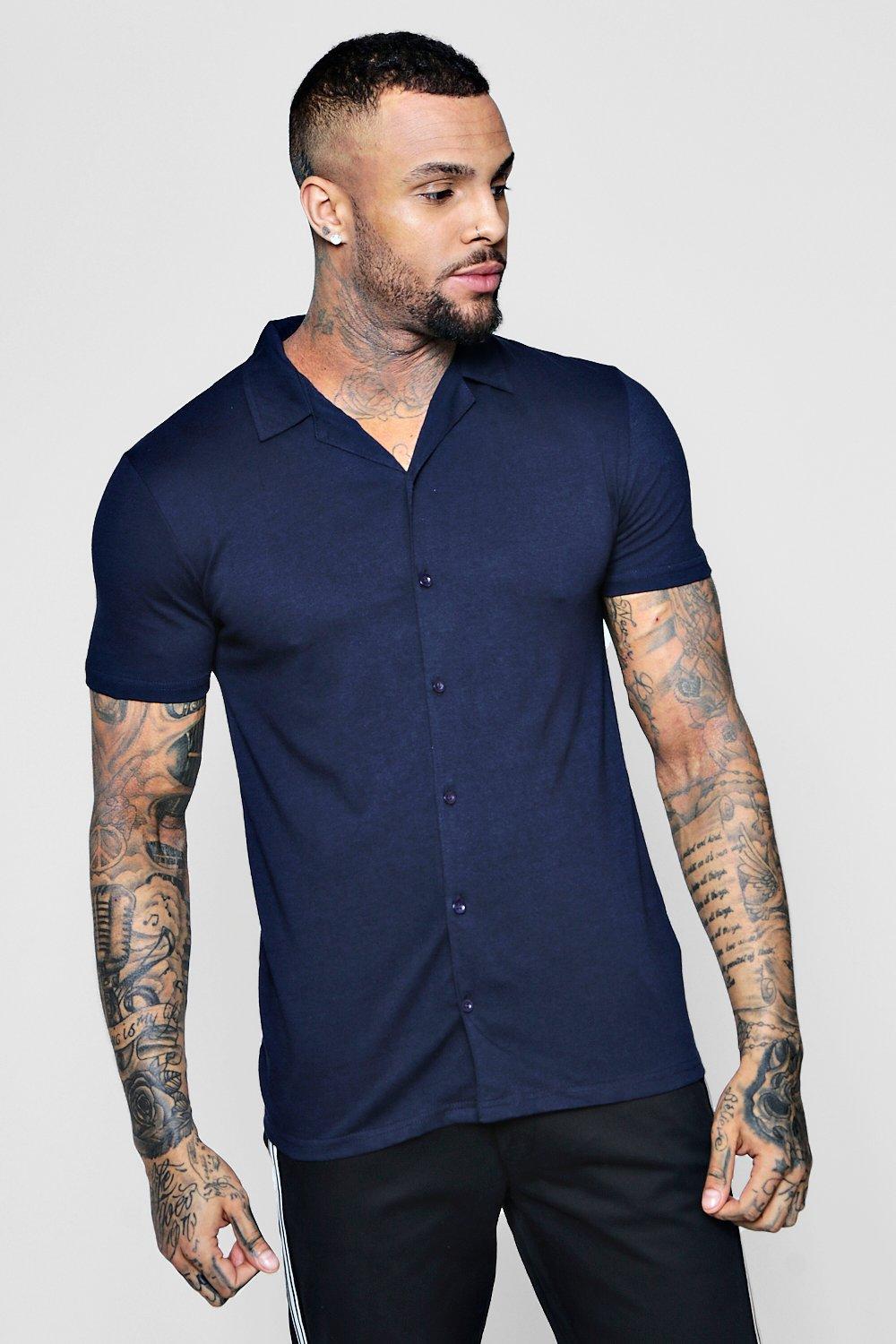 navy short sleeve button up