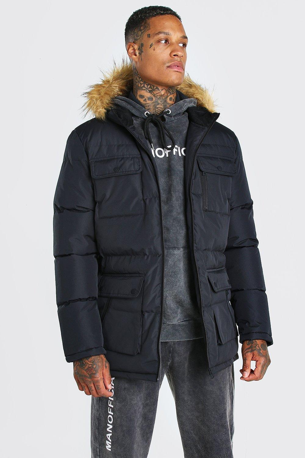 mens black parka jacket with fur hood