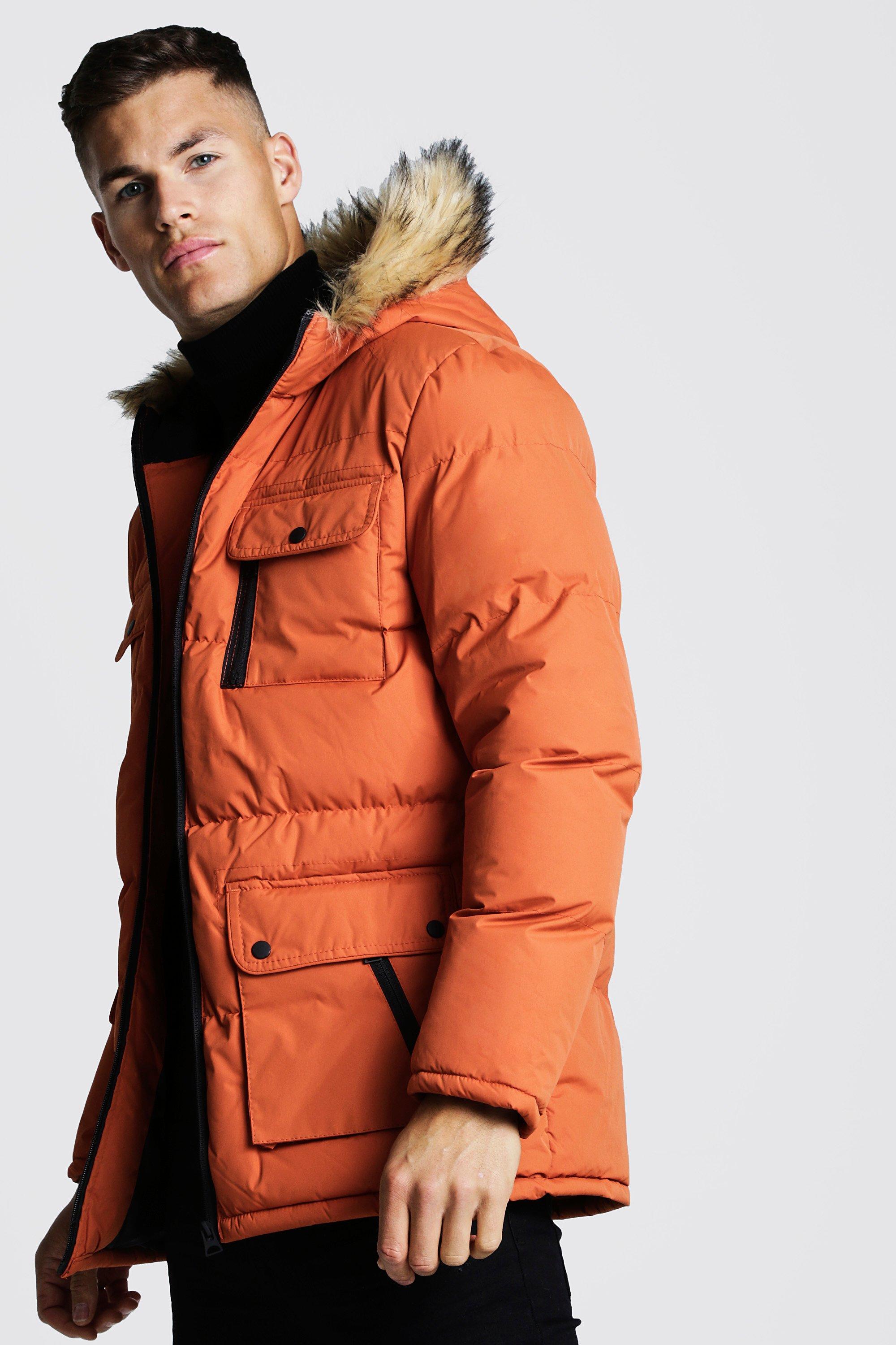 Multi Pocket Quilted Parka With Faux Fur Hood Boohooman