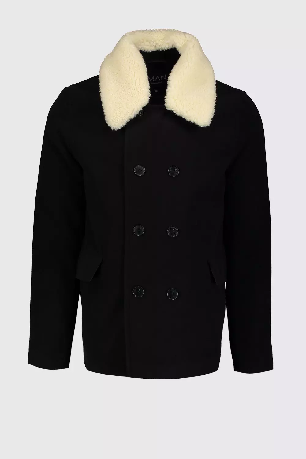 Borg Collar Wool Blend Pea Coat boohooMAN USA