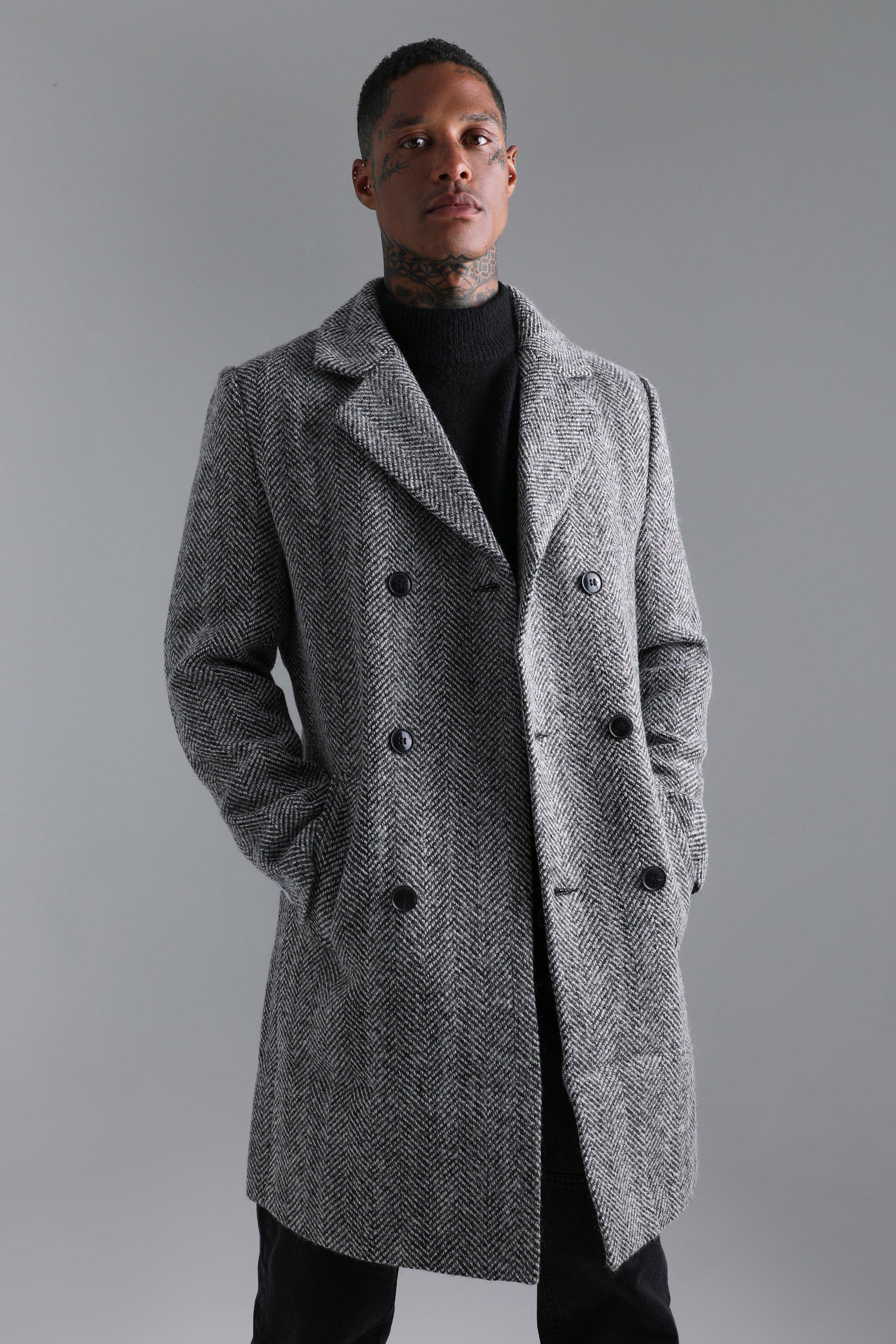 Wool Blend Herringbone Double Breasted Overcoat boohooMAN USA