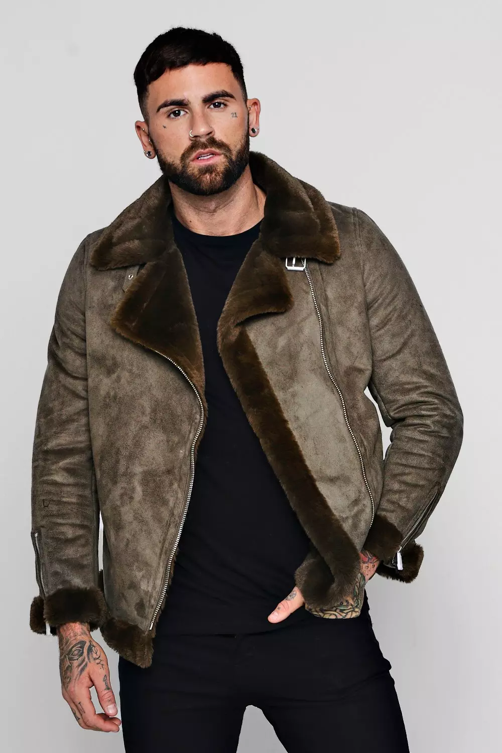 Faux Fur Lined Suede Aviator Jacket Khaki