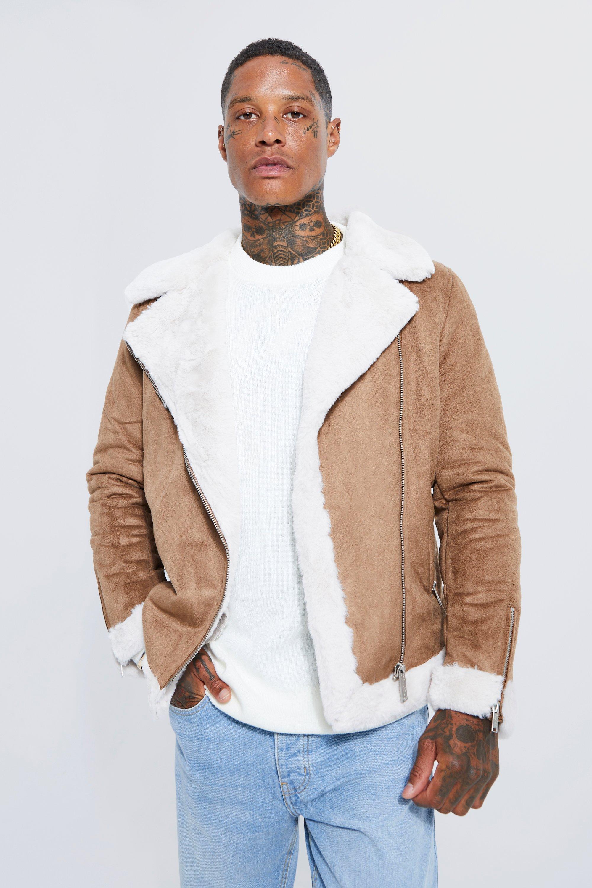 Professional Quality Men`s Faux Suede Aviator Jacket Leather Fur Collar ...