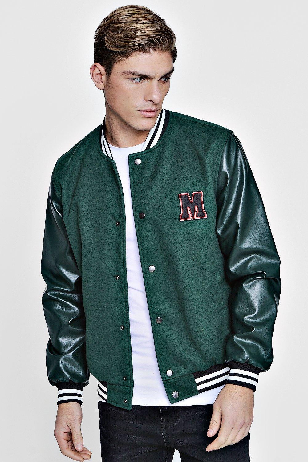 M Badge Faux Leather Sleeve Varsity Jacket