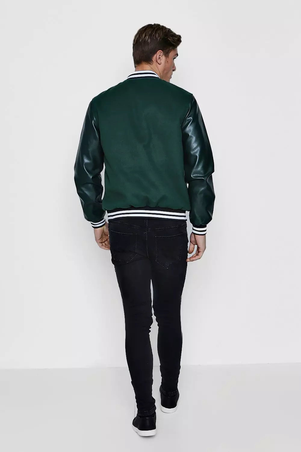 M Badge Faux Leather Sleeve Varsity Jacket | boohooMAN UK