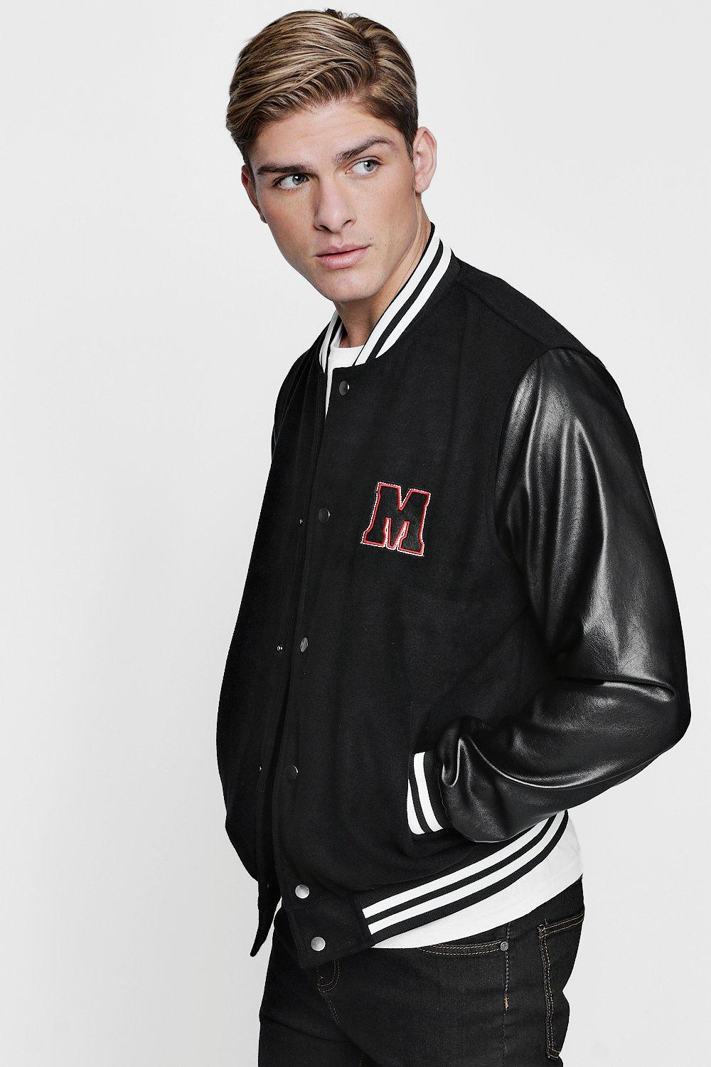 M Badge Faux Leather Sleeve Varsity Jacket | boohooMAN USA