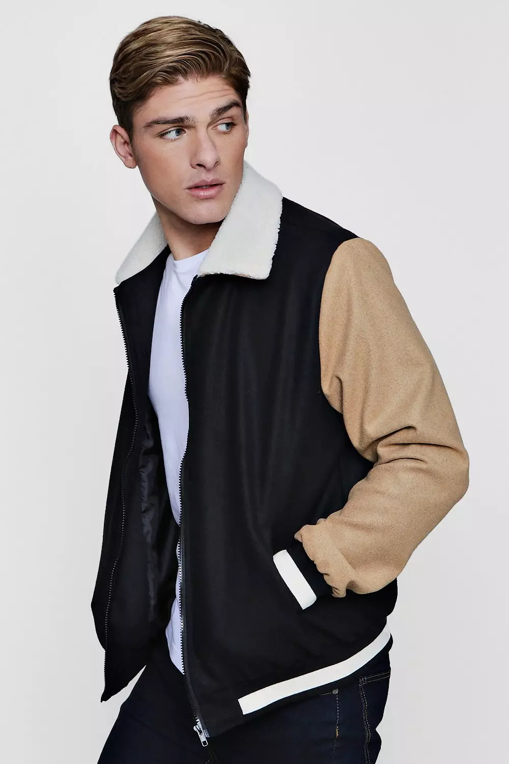 Contrast Sleeve Borg Collar Varsity Jacket alternative image