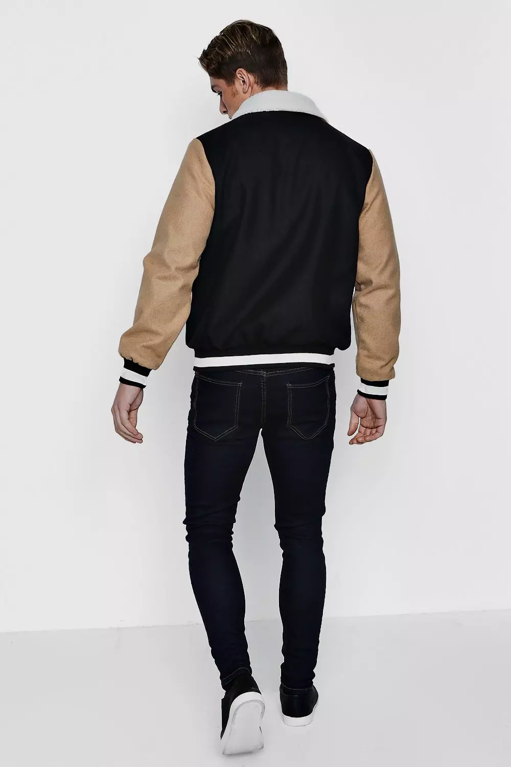 Contrast Sleeve Borg Collar Varsity Jacket alternative image
