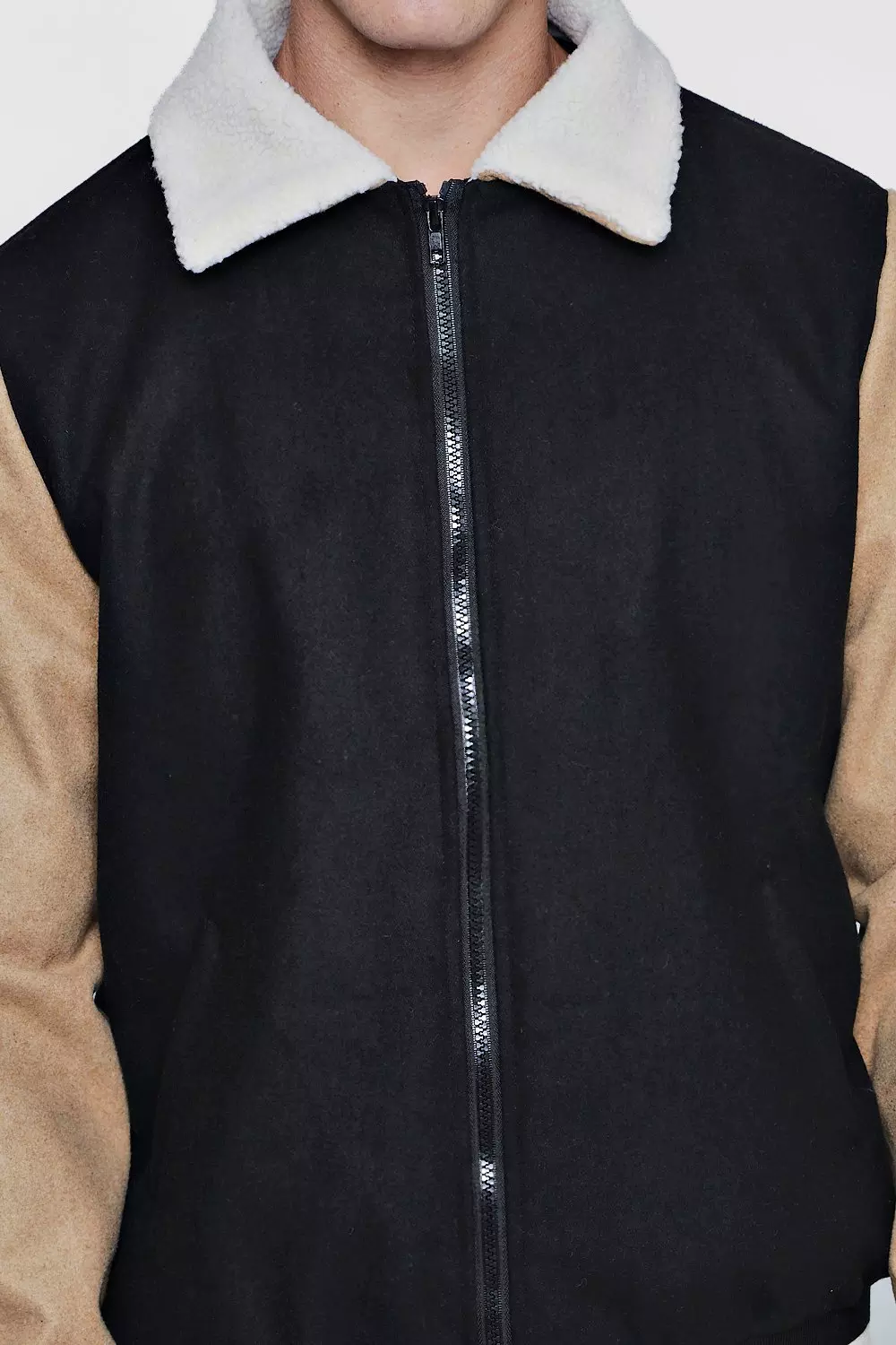Contrast Sleeve Borg Collar Varsity Jacket alternative image