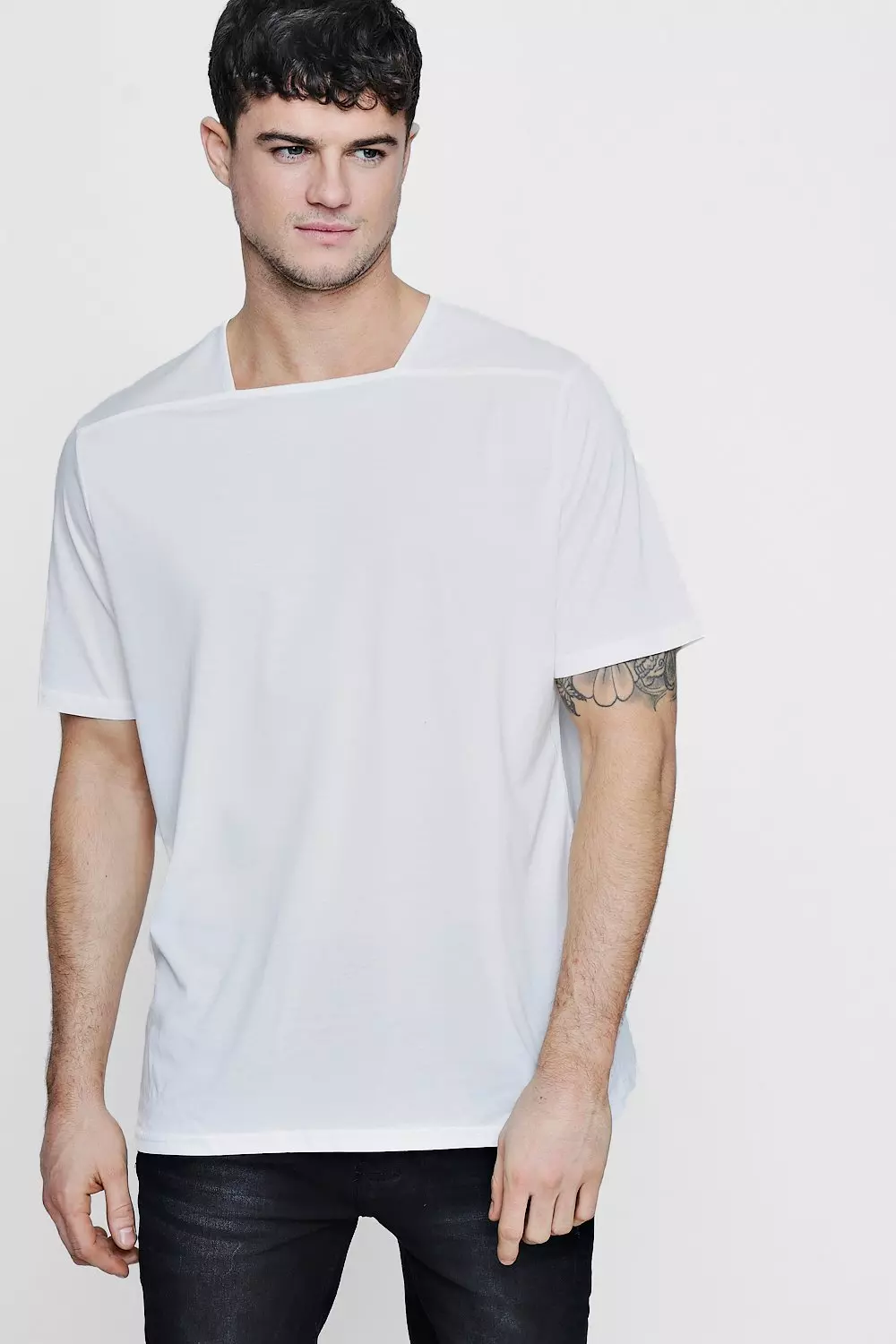 Collarless Square Neck T Shirt boohooMAN UK