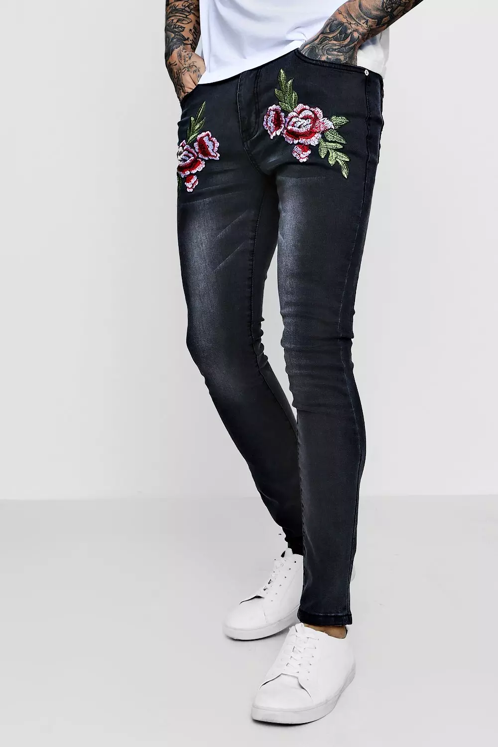 Jeans with rose embroidery best sale