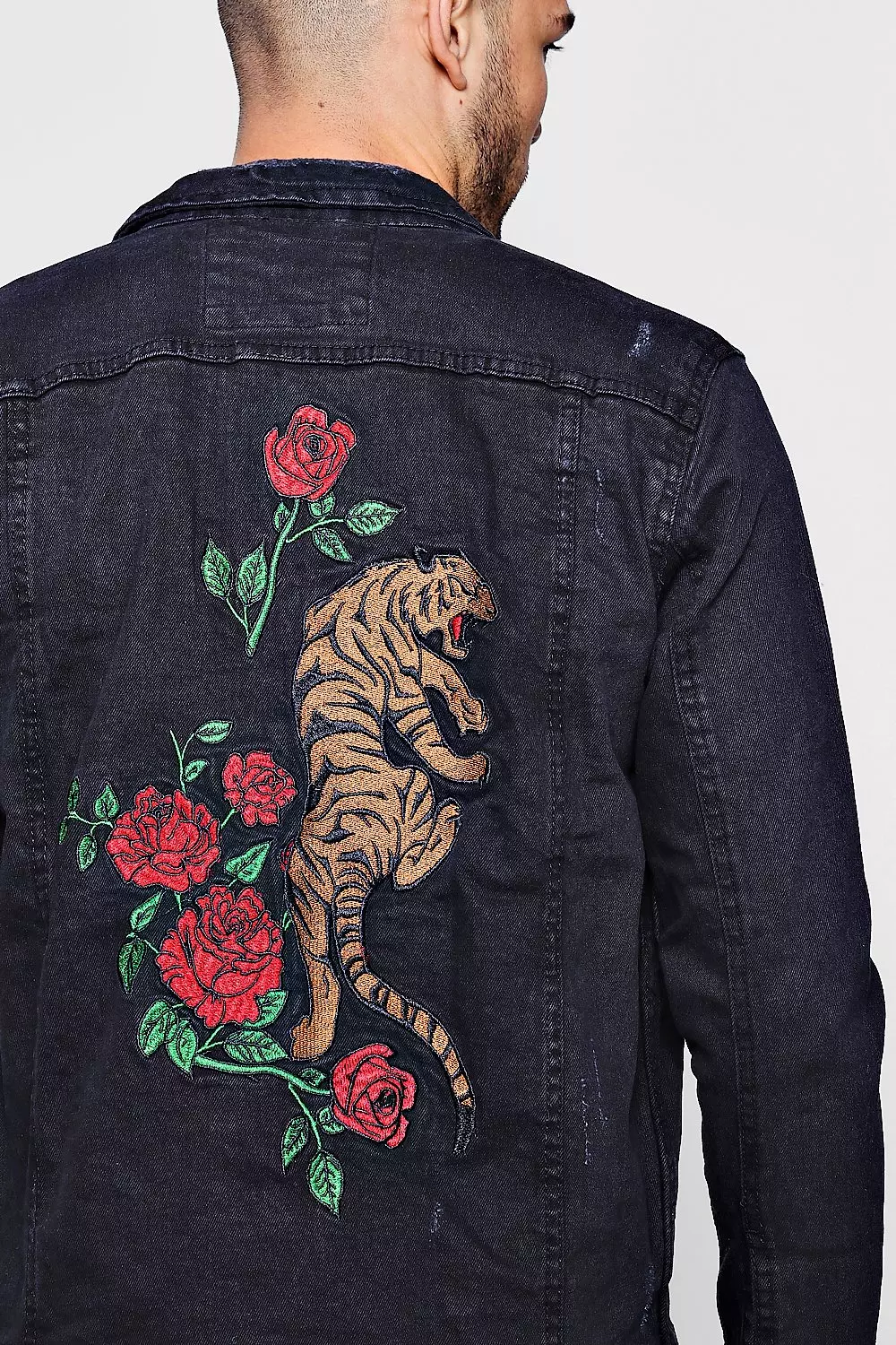 Black denim jacket mens embroidered online