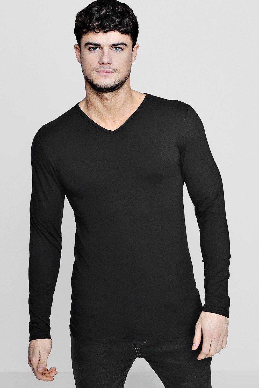 Long Sleeve V-Neck T-Shirt in Muscle Fit - boohooMAN