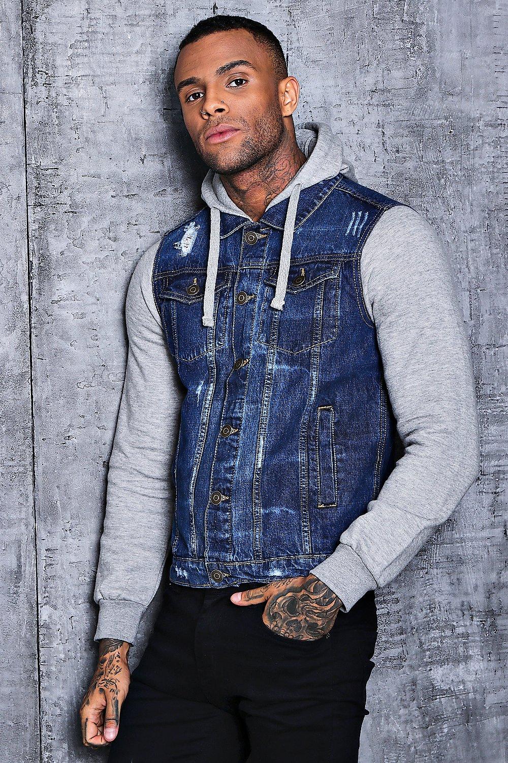 denim jacket with jersey sleeves