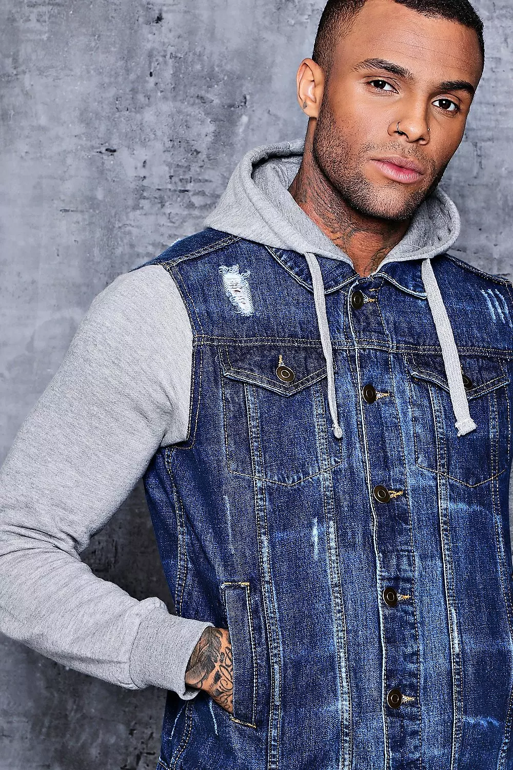 Denim Jacket With Jersey Sleeves And Hood boohooMAN USA