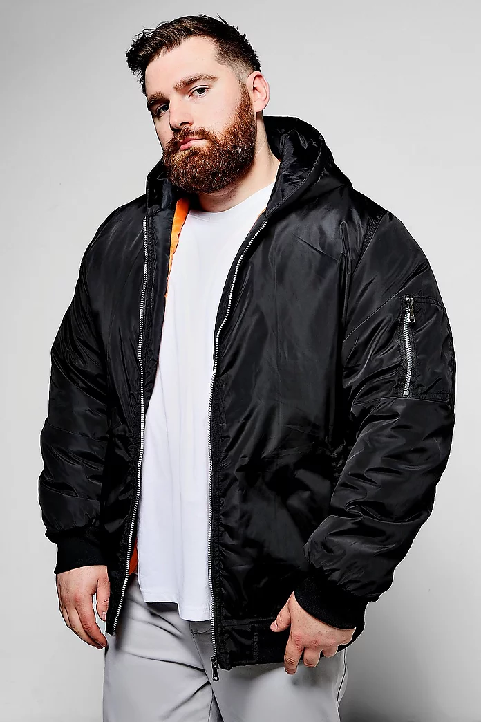 Big And Tall MA1 Hooded Bomber Jacket | boohooMAN USA Big And Tall MA1 Hooded Bomber Jacket | boohooMAN USA