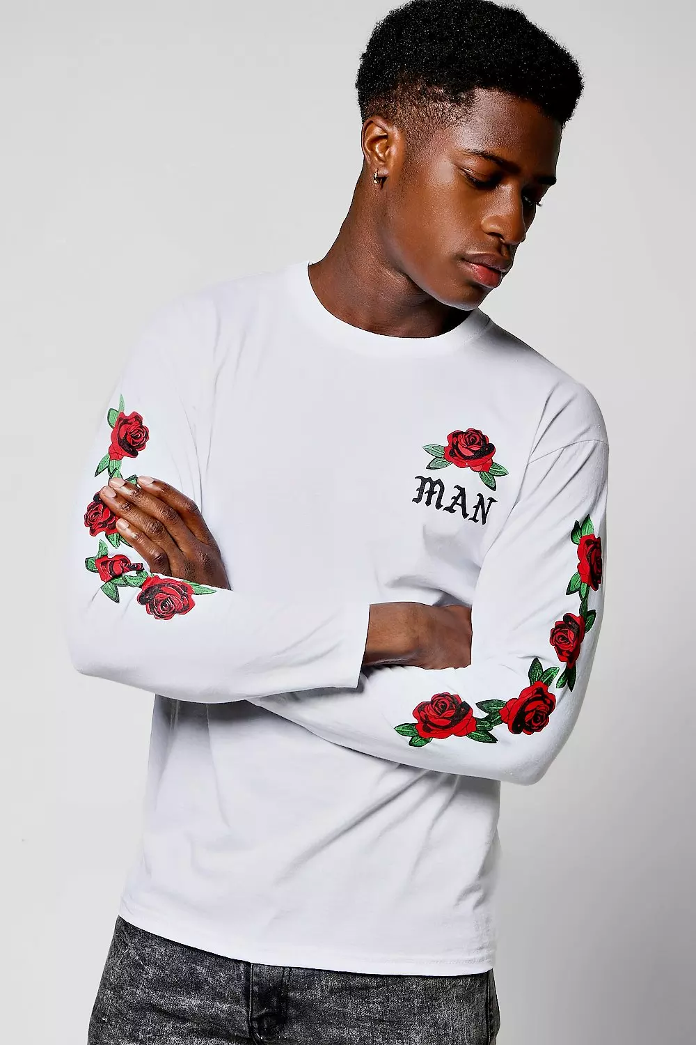 Long Sleeve MAN Rose Print T Shirt boohooMAN USA
